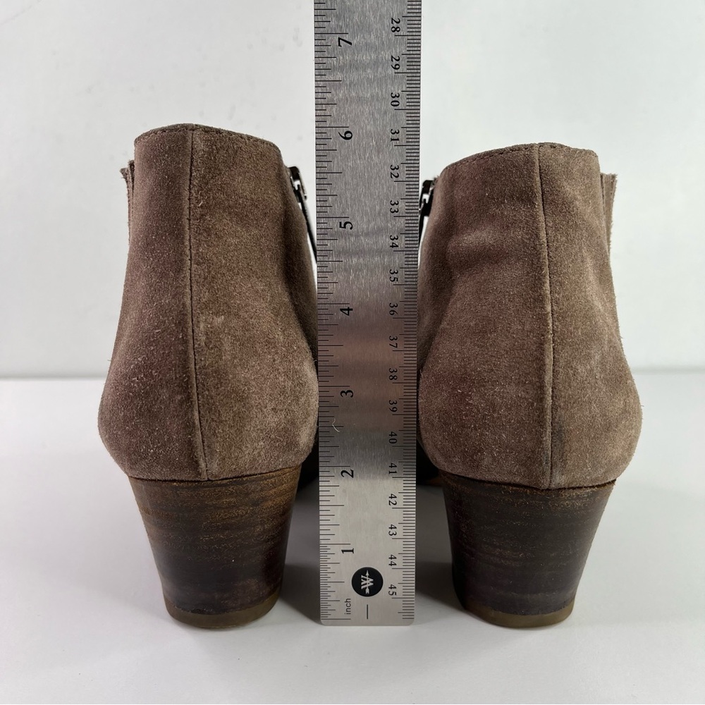 Aquatalia Tan Taupe Suede Leather Stacked Heel Zip Ankle Bootie Boot 8.5 - Picture 12 of 12